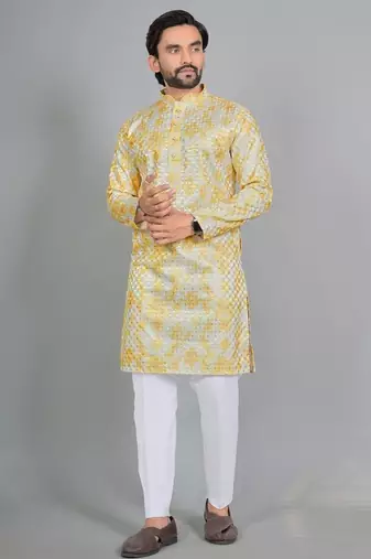Yellow rayon digital work kurta pajama
