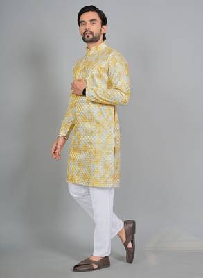 Yellow rayon digital work kurta pajama 3