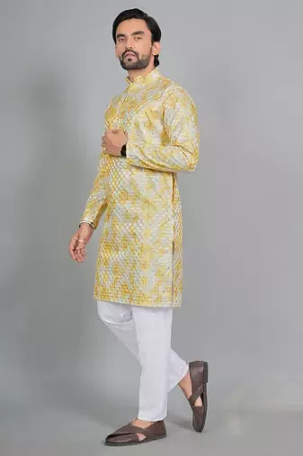 Yellow rayon digital work kurta pajama