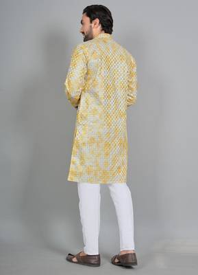 Yellow rayon digital work kurta pajama 4