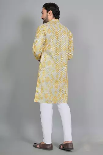 Yellow rayon digital work kurta pajama