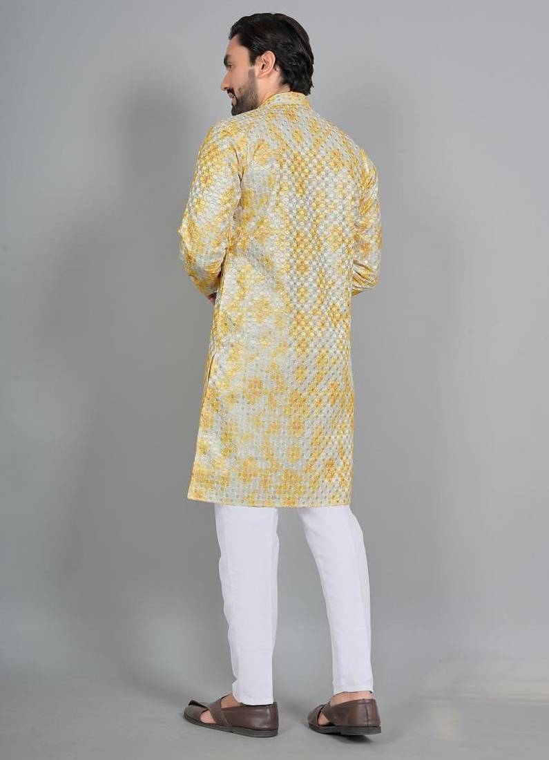 Yellow rayon digital work kurta pajama