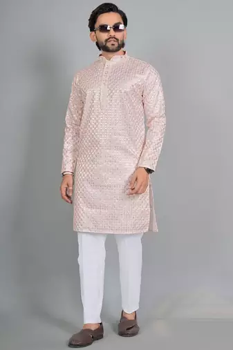 Light pink rayon digital work kurta pajama
