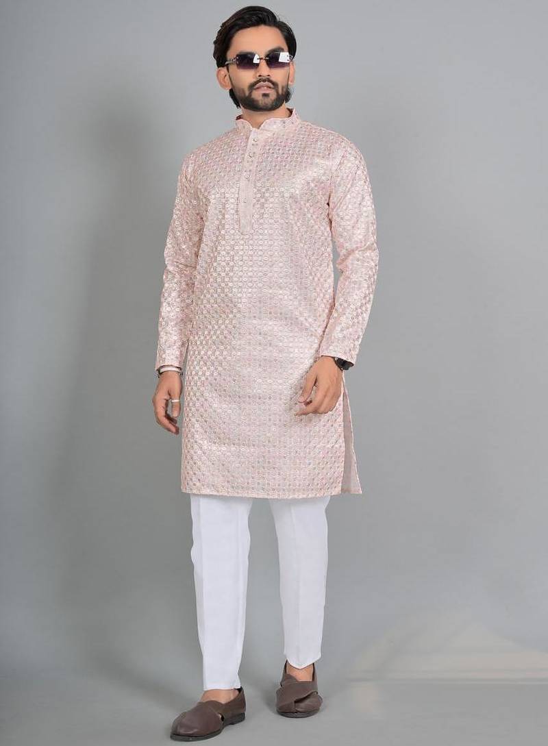 Light pink rayon digital work kurta pajama
