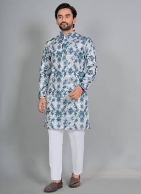 Blue rayon digital work kurta pajama 1
