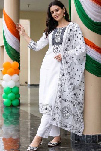 women ethnic motifs embroidered regular mirror work cotton kurta with trousers & with dupatta