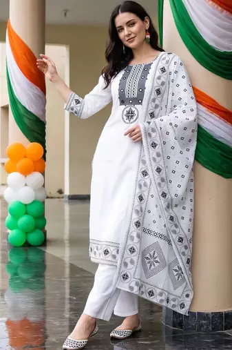 women ethnic motifs embroidered regular mirror work cotton kurta with trousers & with dupatta