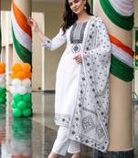 women ethnic motifs embroidered regular mirror work cotton kurta with trousers & with dupatta