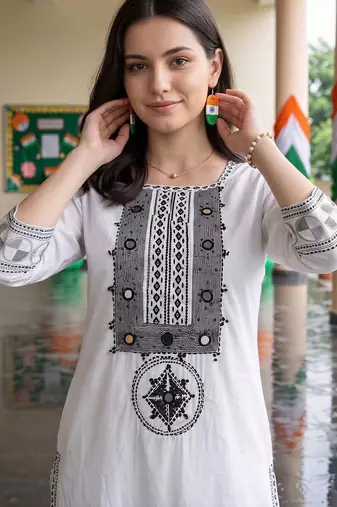 women ethnic motifs embroidered regular mirror work cotton kurta with trousers & with dupatta