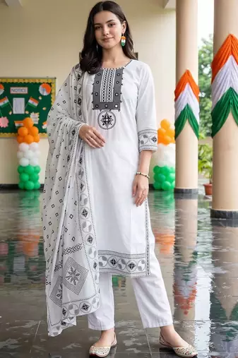 women ethnic motifs embroidered regular mirror work cotton kurta with trousers & with dupatta