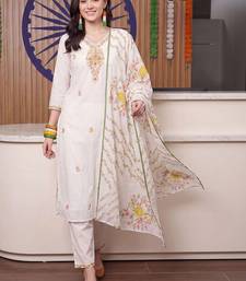 women floral embroidered regular thread work cotton kurta with trousers & with dupatta