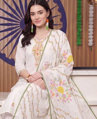 women floral embroidered regular thread work cotton kurta with trousers & with dupatta 5