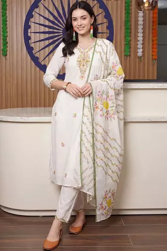 women floral embroidered regular thread work cotton kurta with trousers & with dupatta