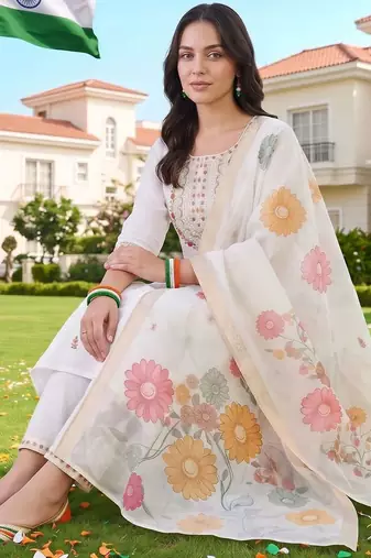 women ethnic motifs embroidered regular thread work kurta with trousers & dupatta