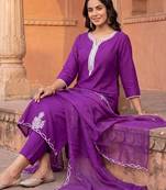 women ethnic motifs embroidered thread work liva kurta & trousers & dupatta