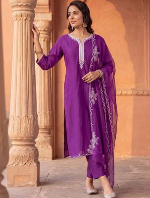 women ethnic motifs embroidered thread work liva kurta & trousers & dupatta 6
