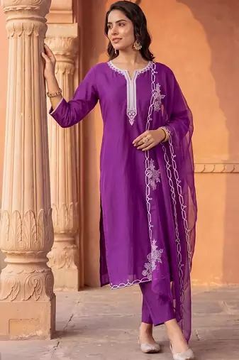 women ethnic motifs embroidered thread work liva kurta & trousers & dupatta
