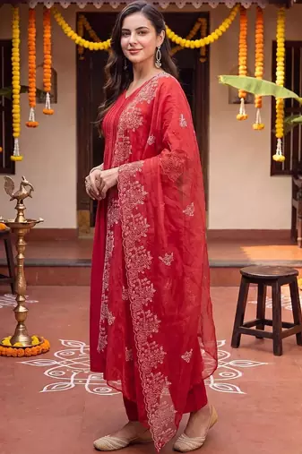women ethnic motifs embroidered empire thread work kurta with trousers & with dupatta