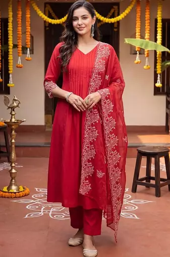 women ethnic motifs embroidered empire thread work kurta with trousers & with dupatta