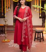women ethnic motifs embroidered empire thread work kurta with trousers & with dupatta
