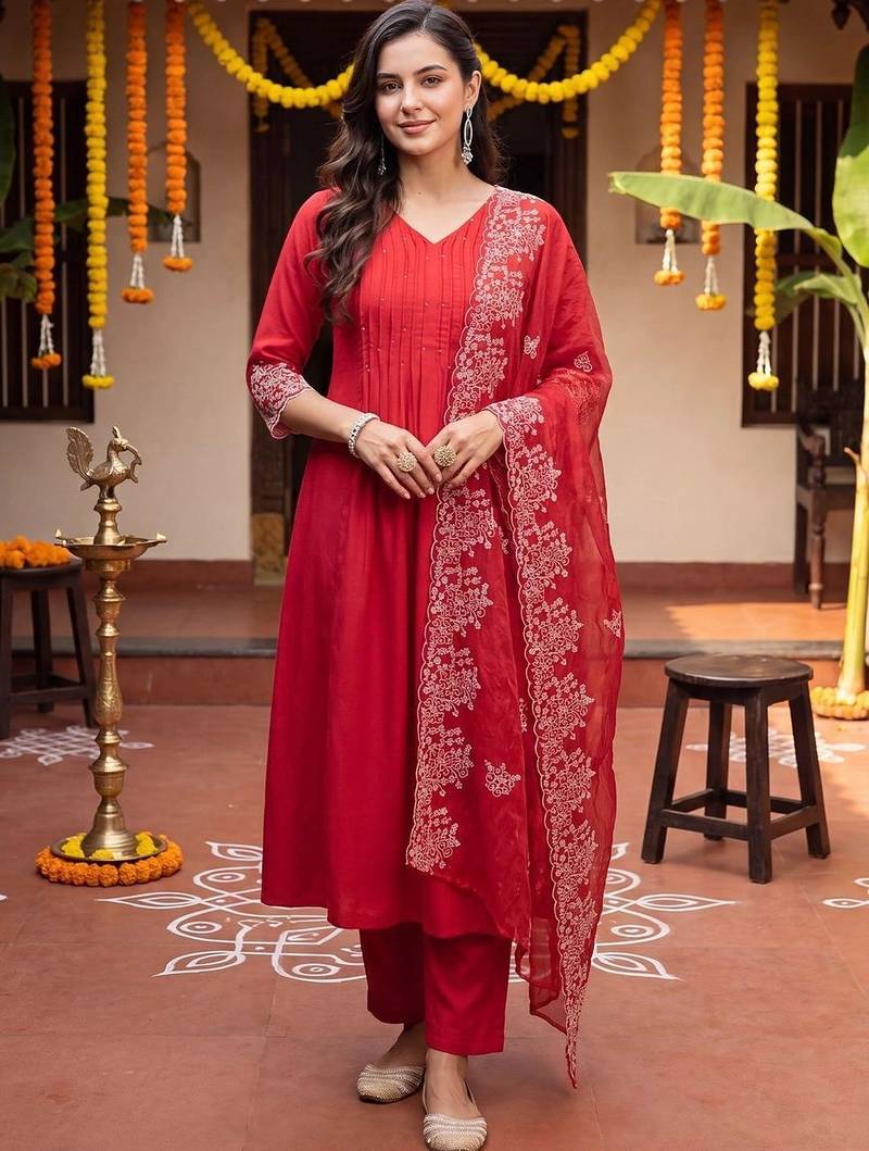 women ethnic motifs embroidered empire thread work kurta with trousers & with dupatta