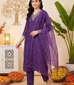 women ethnic motifs embroidered regular thread work kurta with trousers & with dupatta