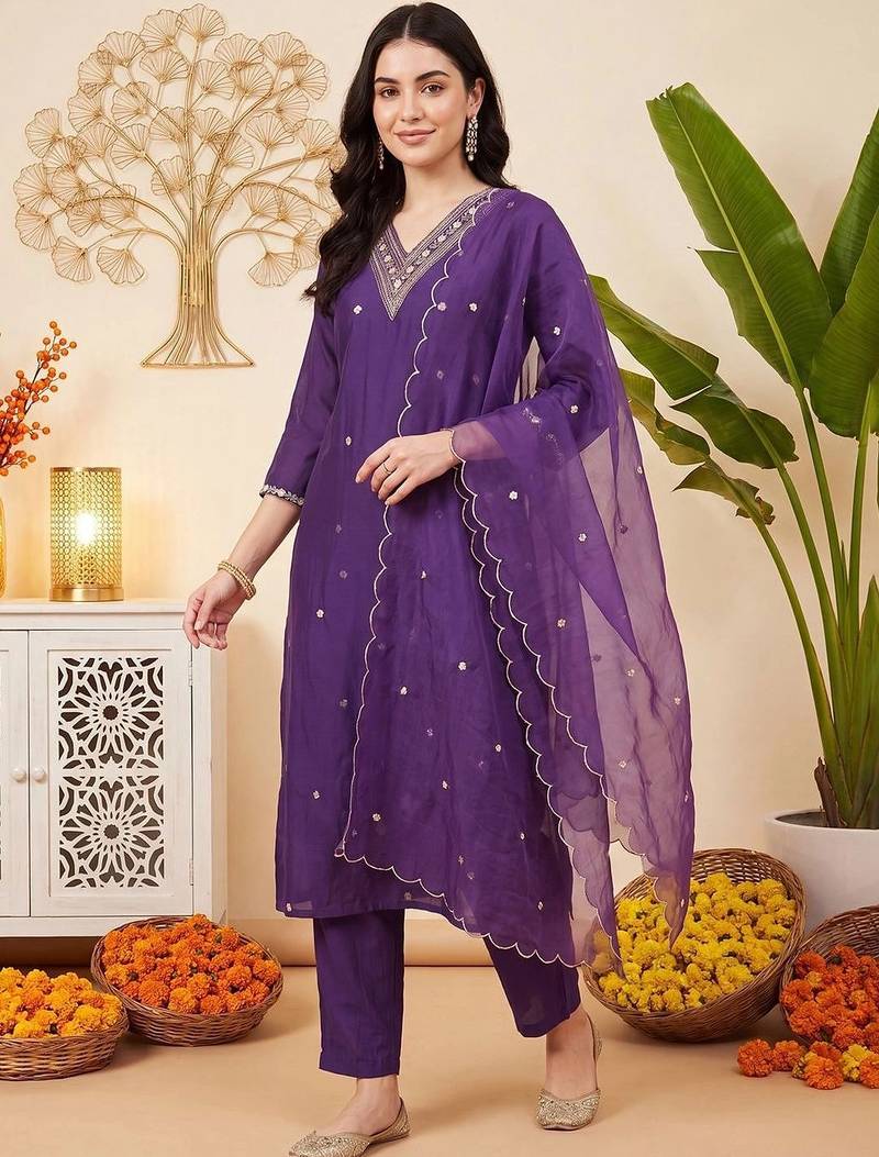 women ethnic motifs embroidered regular thread work kurta with trousers & with dupatta