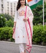 women ethnic motifs embroidered regular thread work cotton kurta with trousers & with dupatta