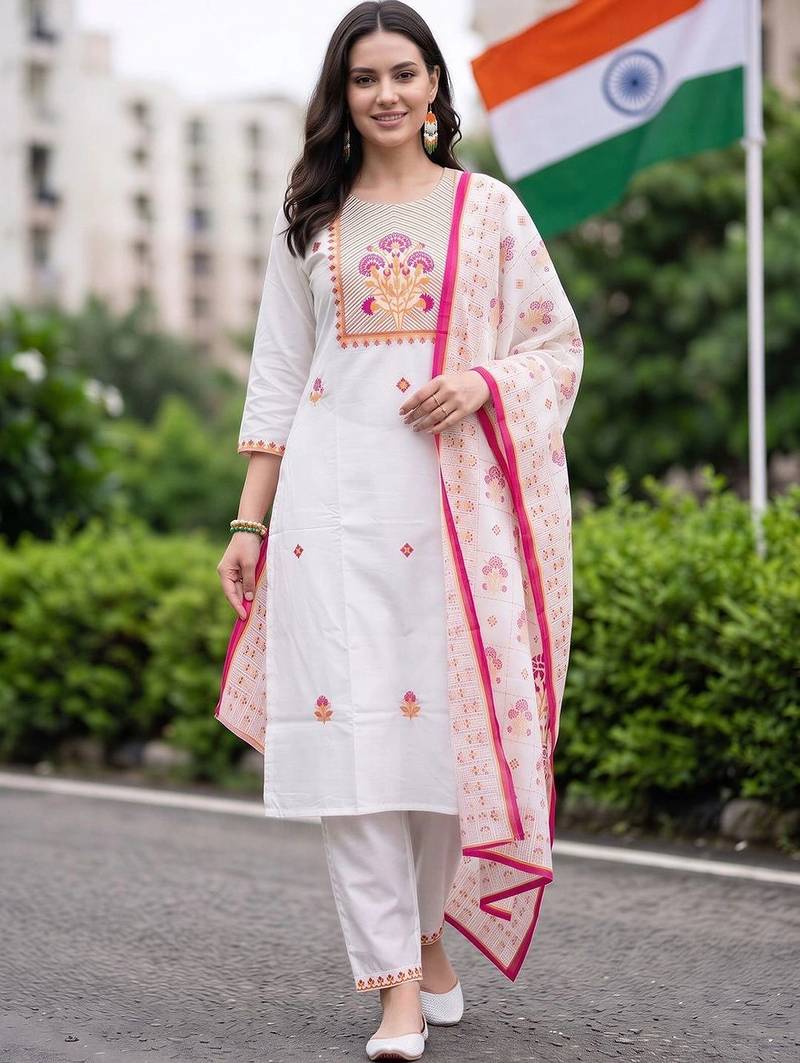 women ethnic motifs embroidered regular thread work cotton kurta with trousers & with dupatta
