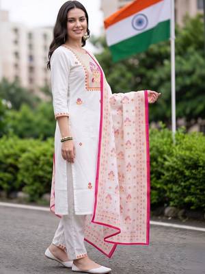 women ethnic motifs embroidered regular thread work cotton kurta with trousers & with dupatta 3