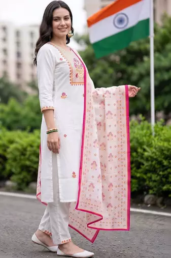 women ethnic motifs embroidered regular thread work cotton kurta with trousers & with dupatta