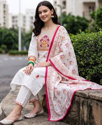 women ethnic motifs embroidered regular thread work cotton kurta with trousers & with dupatta 5