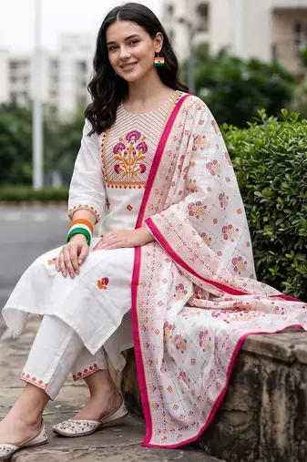 women ethnic motifs embroidered regular thread work cotton kurta with trousers & with dupatta