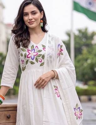 women floral printed empire cotton kurta with trousers & with dupatta 2