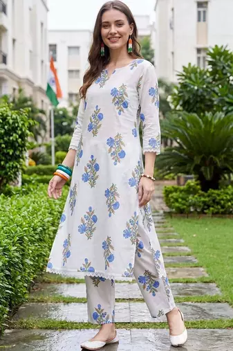 women floral printed regular cotton kurta with trousers