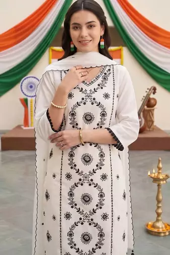 women ethnic embroidered regular thread work kurta with trousers & with dupatta