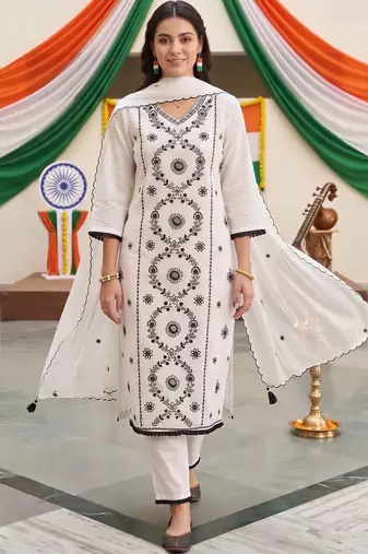 women ethnic embroidered regular thread work kurta with trousers & with dupatta
