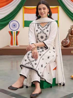 women ethnic embroidered regular thread work kurta with trousers & with dupatta 5