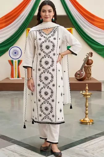 women ethnic embroidered regular thread work kurta with trousers & with dupatta