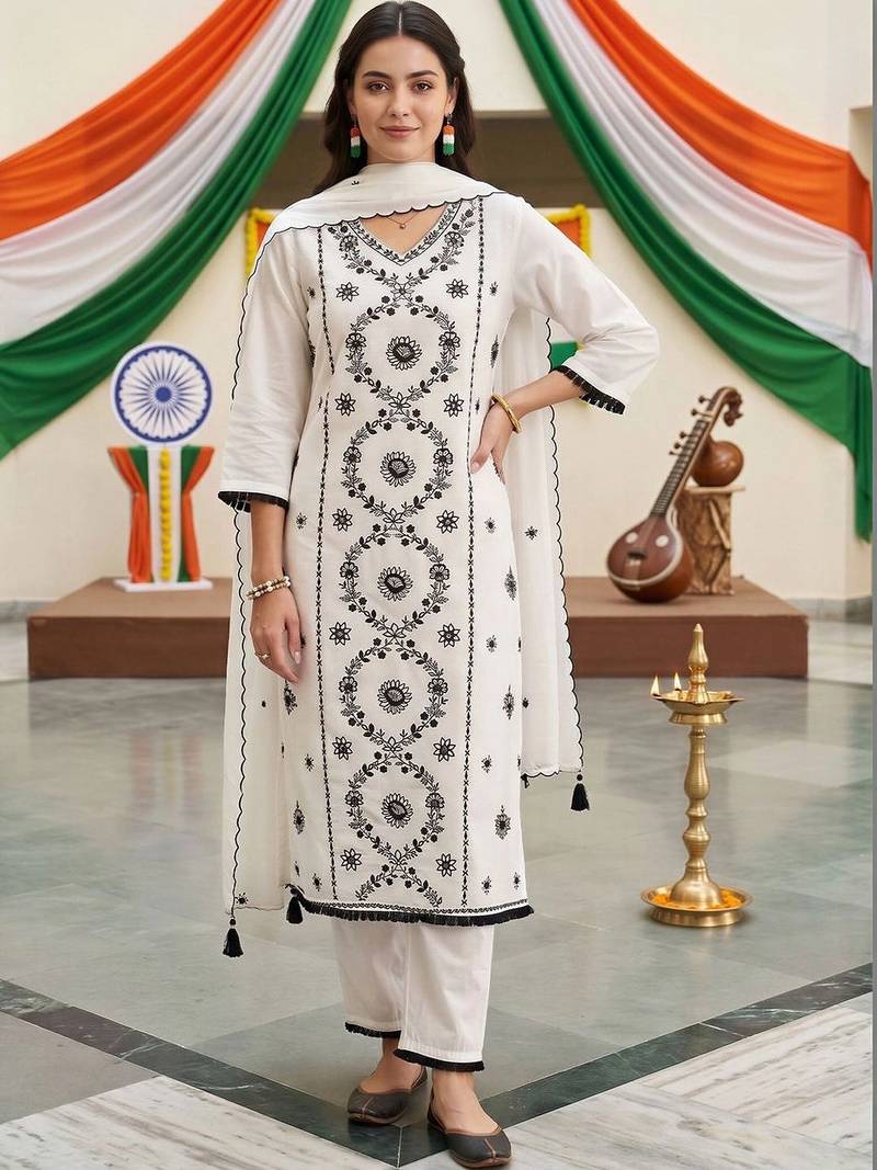 women ethnic embroidered regular thread work kurta with trousers & with dupatta
