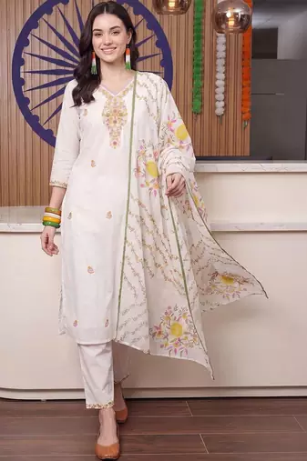 women floral embroidered regular thread work cotton kurta with trousers & with dupatta
