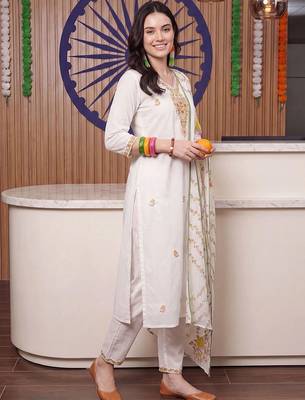 women floral embroidered regular thread work cotton kurta with trousers & with dupatta 4