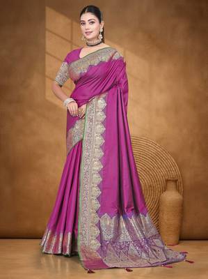 Banarasi magenta silk blend saree with golden zari work, border and tassels with blouse 1