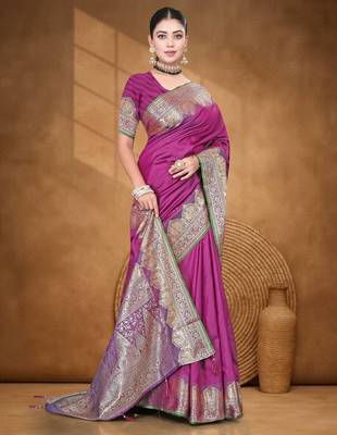 Banarasi magenta silk blend saree with golden zari work, border and tassels with blouse 2