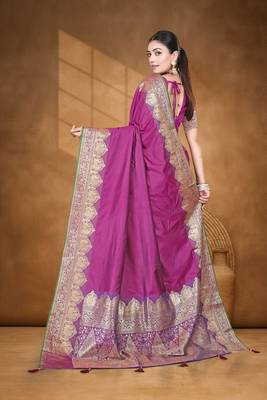 Banarasi magenta silk blend saree with golden zari work, border and tassels with blouse 3