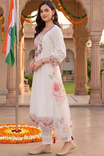 women floral embroidered regular thread work kurta with trousers & with dupatta