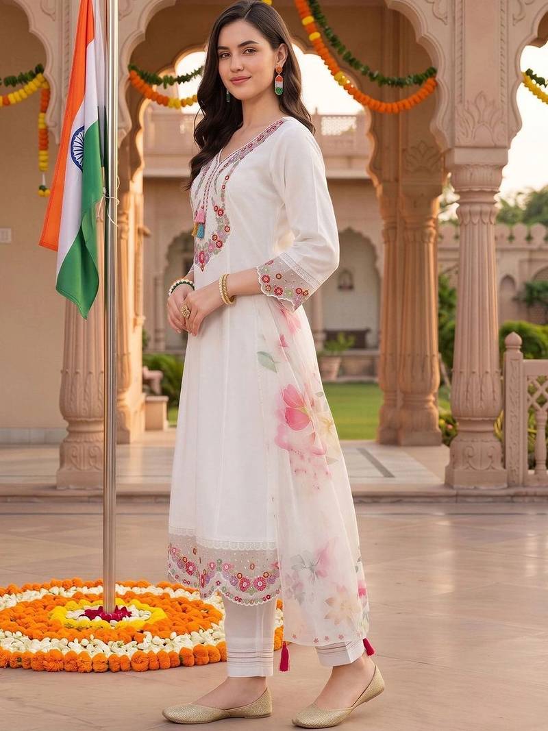 women floral embroidered regular thread work kurta with trousers & with dupatta