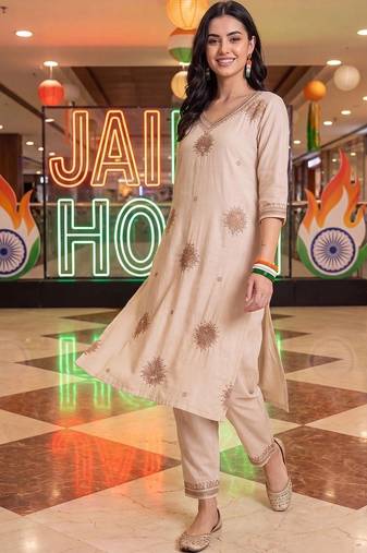 women ethnic motifs embroidered regular thread work liva kurta with trousers