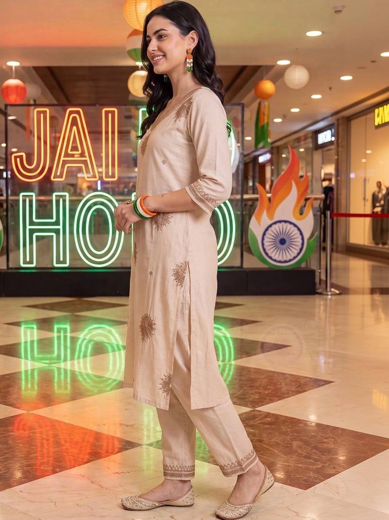 women ethnic motifs embroidered regular thread work liva kurta with trousers