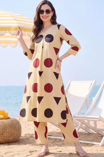women printed regular cotton kurta with trousers